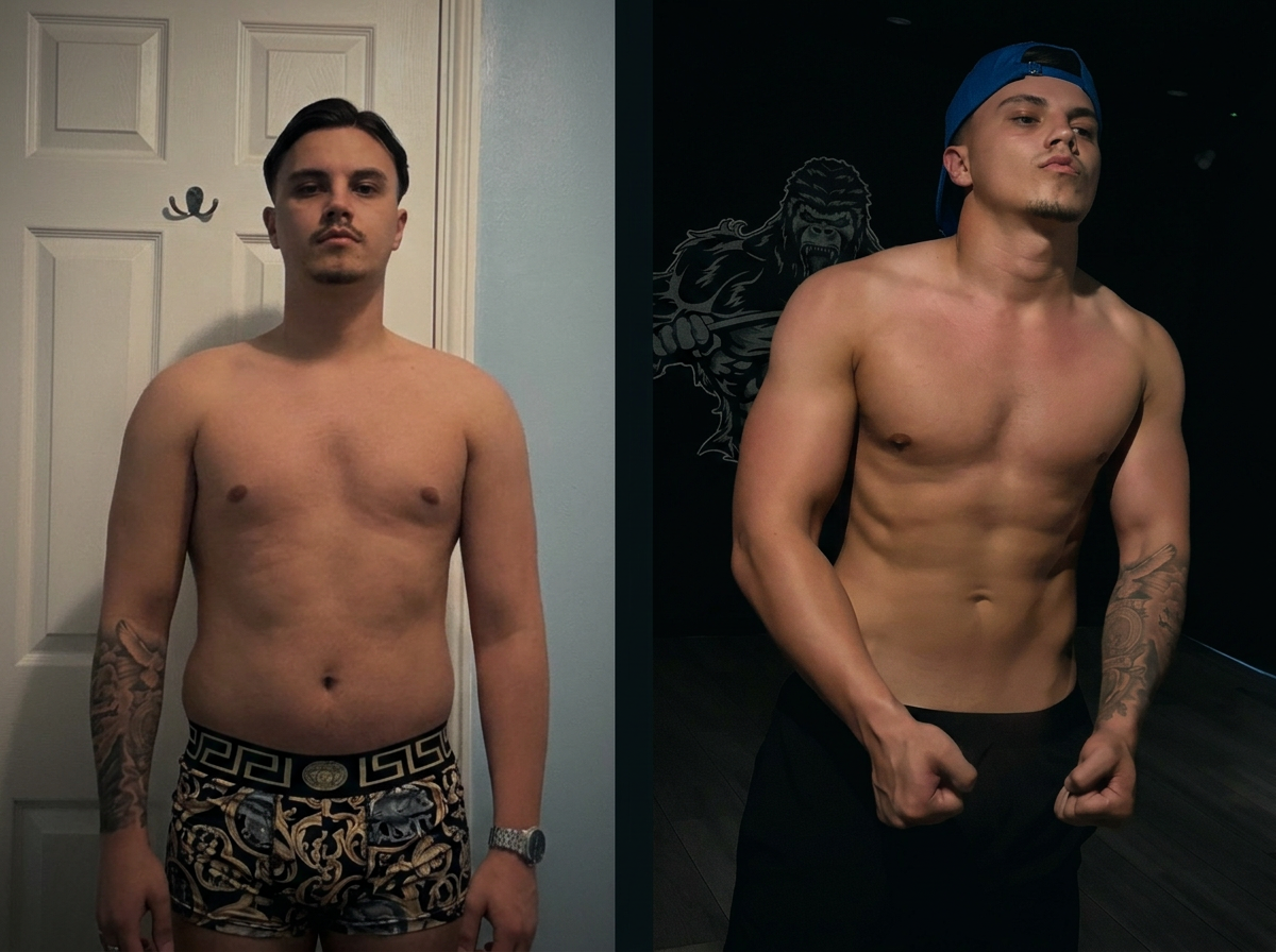 Before and after transformation of James, 22
