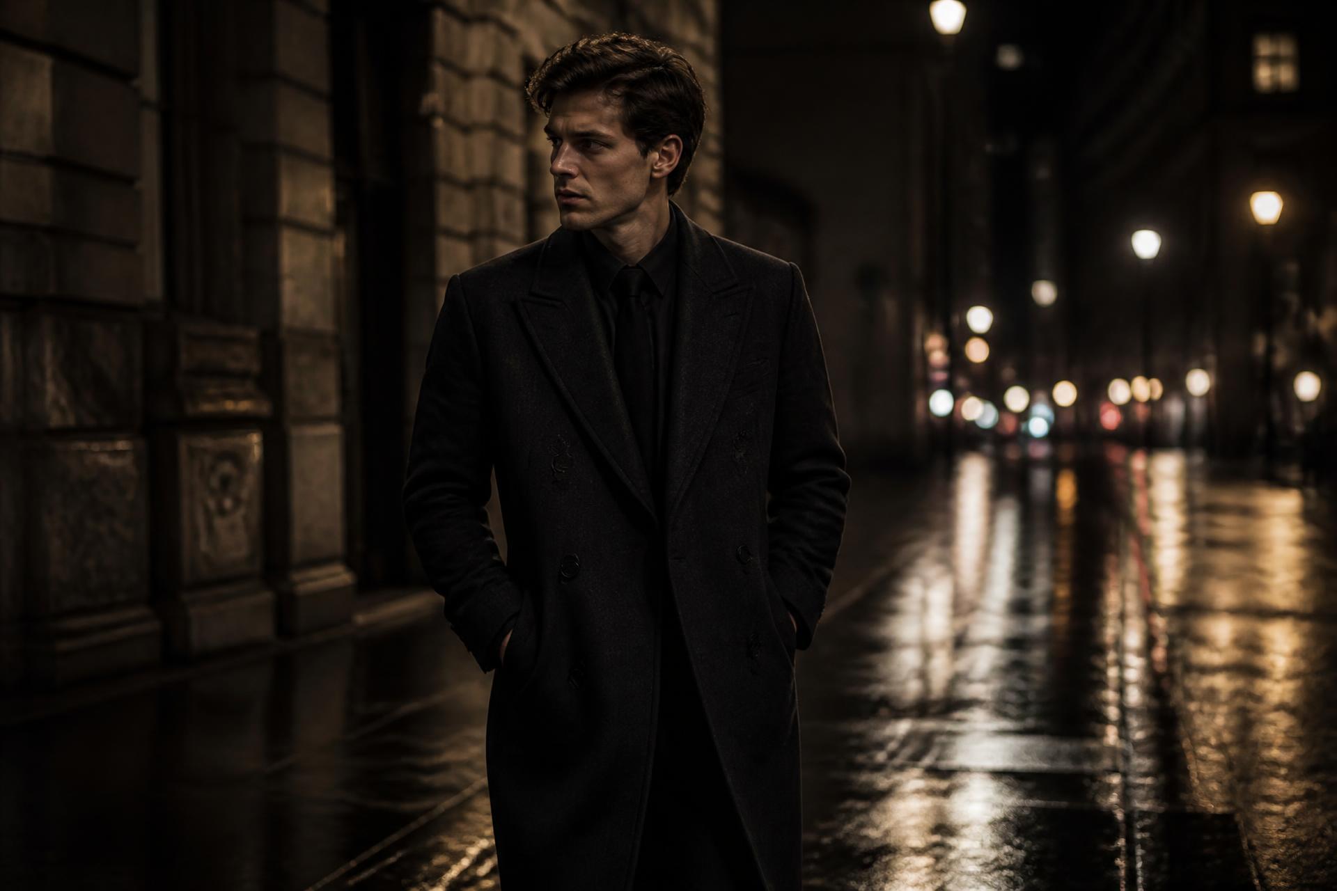 Athletic man walking confidently through a city at night