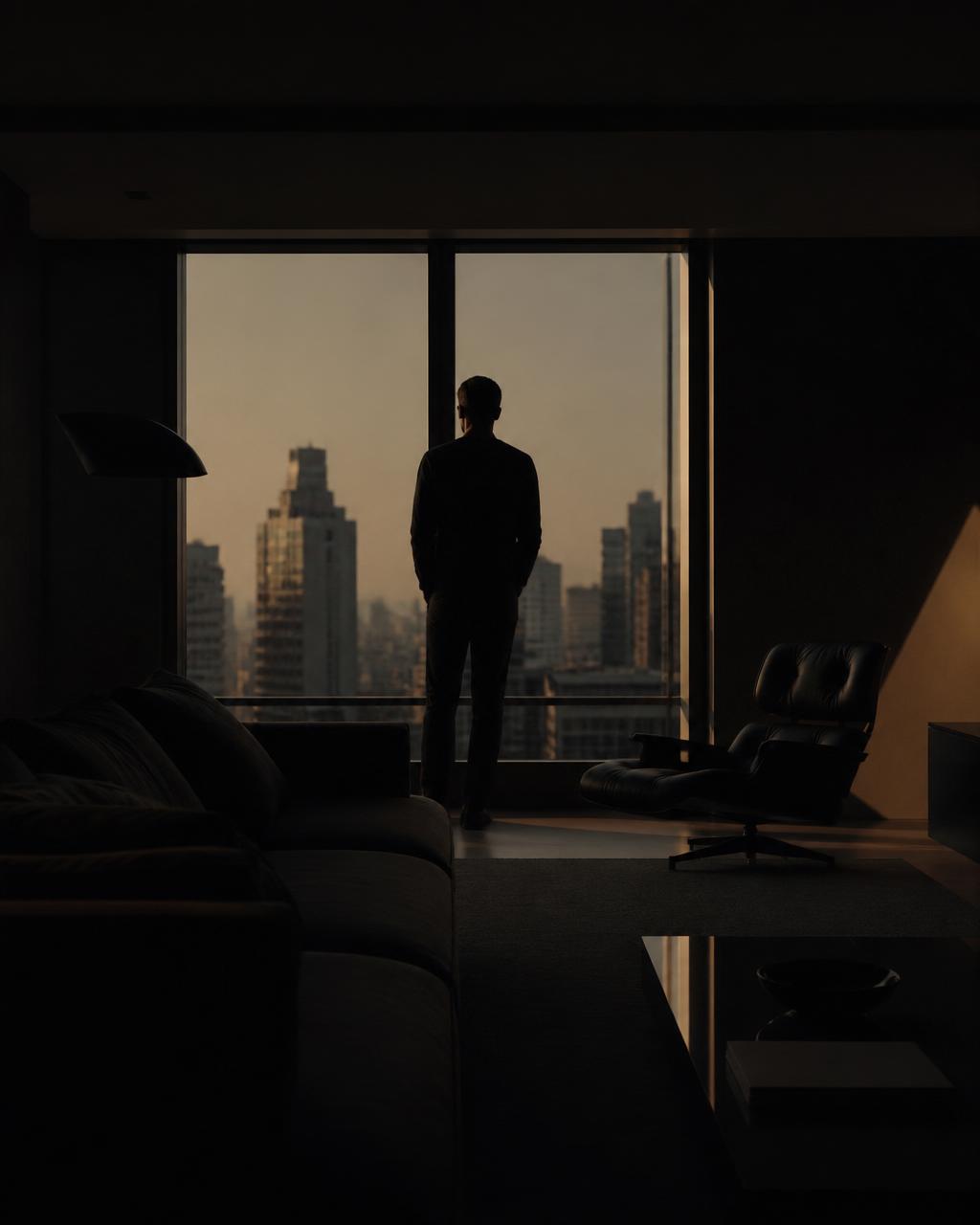 Man standing alone at a window in a dark apartment